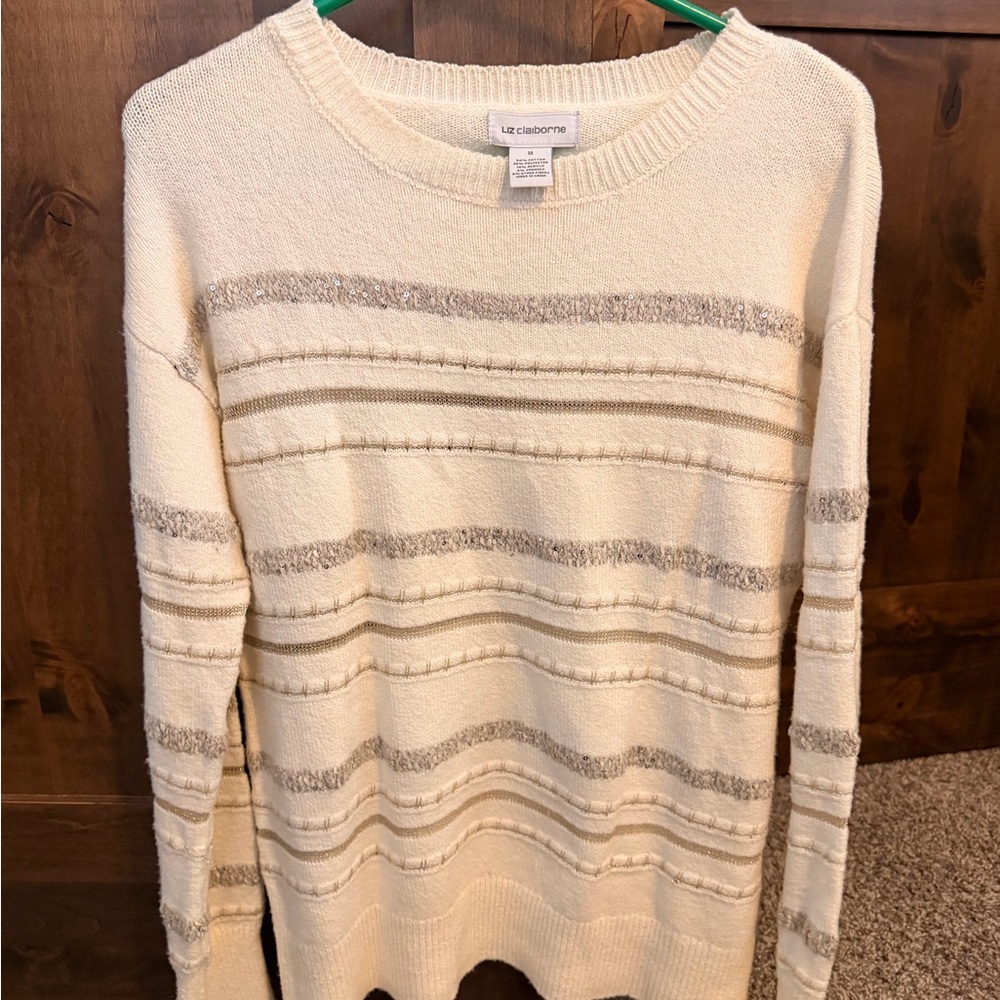 Liz Claiborne Cream Sweater with Beige-Gray Stripes
